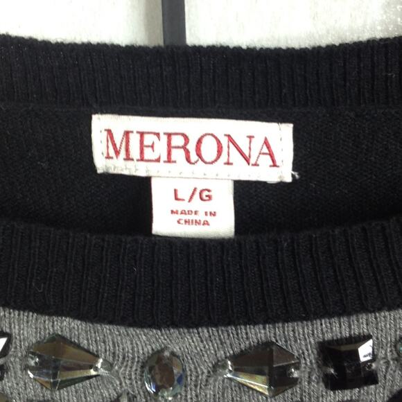 Merona Womens Grey Crewneck Embellished Striped Long Sleeve Sweater L - Picture 3 of 8